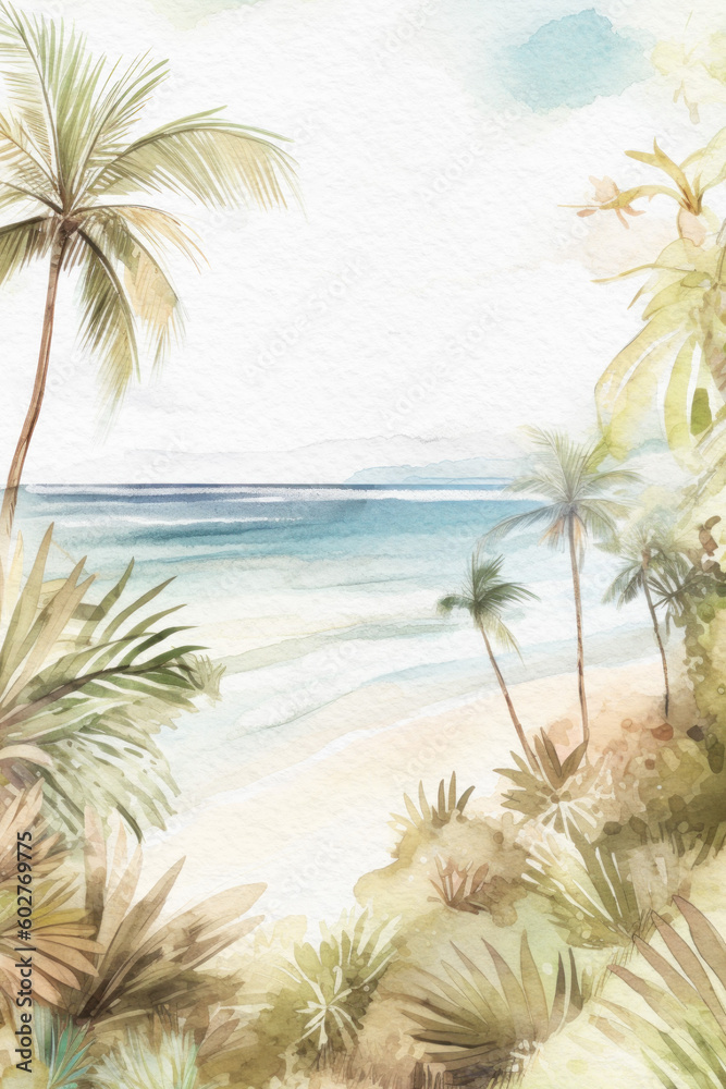 Tropical beach background. Summer watercolor landscape. Tropical island with palm trees. Ocean and beach summer wallpaper. Generative AI.