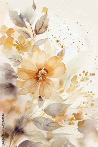 Neutral floral background. Watercolor beige flowers and leaves. Generative AI.