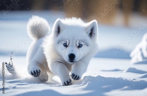 Baby wolf running in snow.  baby husky in snow. White color wolf baby playing in snow. Generative AI