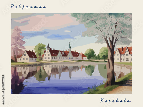 Korsholm: Post card design with beautiful town painting in Finland and the city name Korsholm