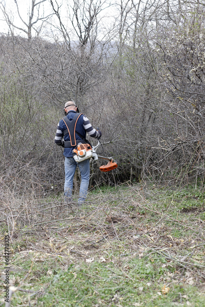 persona desbrozando el campo para limpiarlo de arbustos y matorral