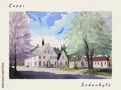 Sodankylä: Post card design with beautiful town painting in Finland and the city name Sodankylä