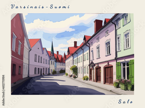Salo: Post card design with beautiful town painting in Finland and the city name Salo