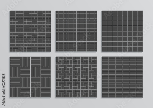 Paver tiles seamless patterns set. Seamless street textures collection. Paved floor. Slab pavement. Decorative cobblestone print. Mosaic sidewalk. Garden footpath top view. Vector illustration.