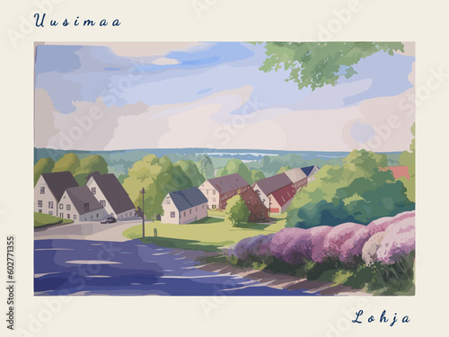 Lohja: Post card design with beautiful town painting in Finland and the city name Lohja