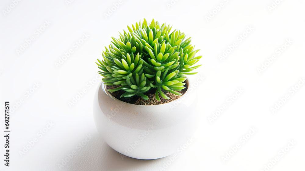A small green plant in a white vase. Generative AI. A small green plant in a white vase. Generative AI.