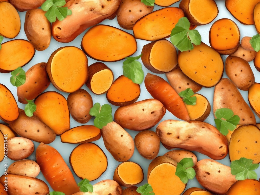 Potatoes background as seamless tile (generative AI) Potatoes background as seamless tile (generative AI)