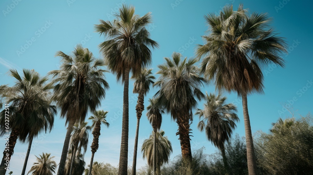 Palm trees swaying in the gentle breeze against a clear blue sky Generative AI