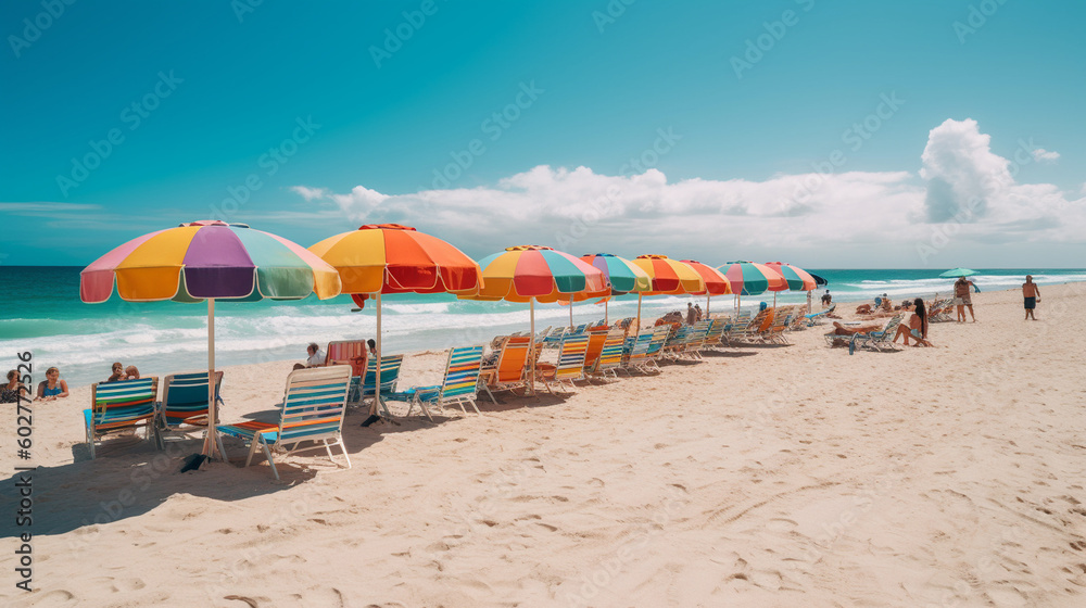 A sandy beach with colorful beach umbrellas and lounge chairs Generative AI