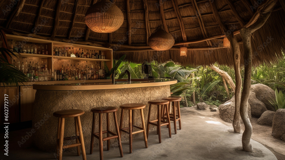 A tropical cocktail bar with a thatched roof and bamboo accents Generative AI