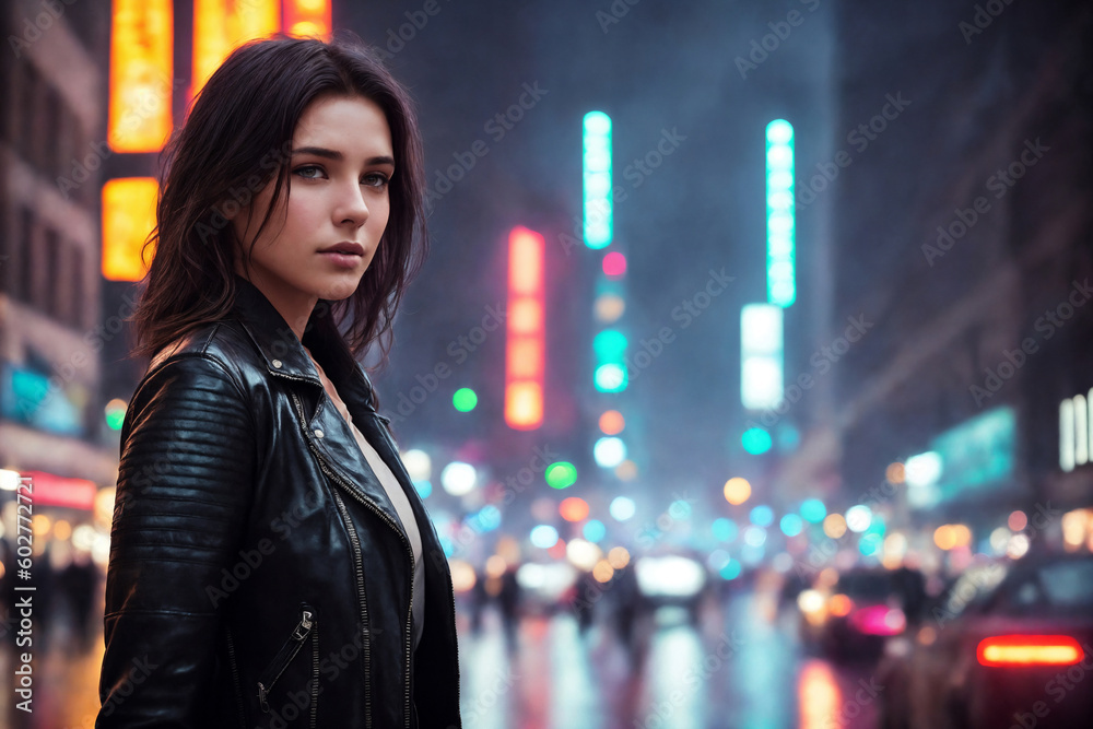 Portrait of a beautiful woman on the street of the night city with neon lights, rainy weather. Generative AI. Portrait of a beautiful woman on the street of the night city with neon lights, rainy weather. Generative AI.