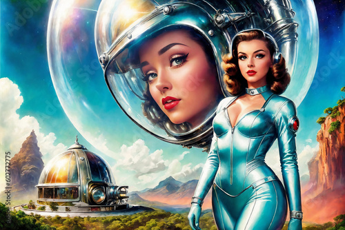 Portrait of a beautiful woman in a polished aluminum suit as an astronaut in the retro futurism style of the 50s. Generative AI.