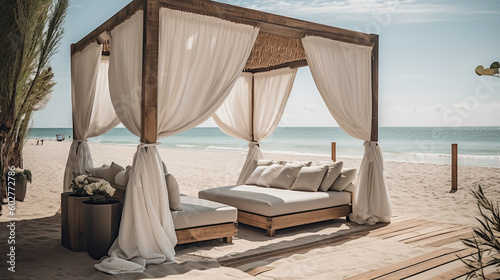 An inviting beach cabana with flowing curtains and comfortable loungers Generative AI