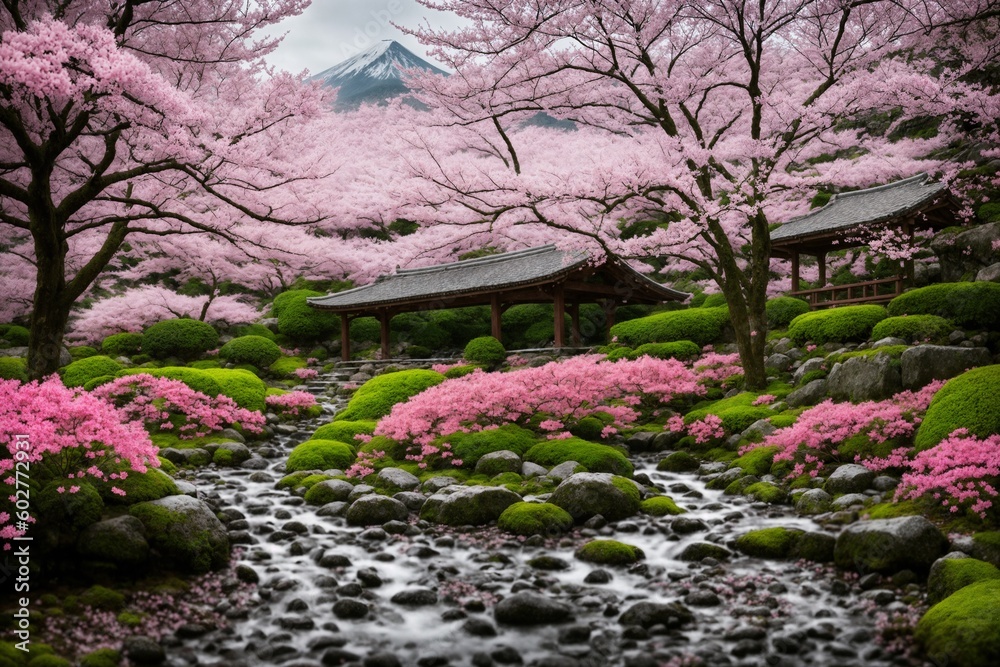 Sakura blossoms in japanese style ornamental garden, beautiful landscape. Generative AI. Sakura blossoms in japanese style ornamental garden, beautiful landscape. Generative AI.