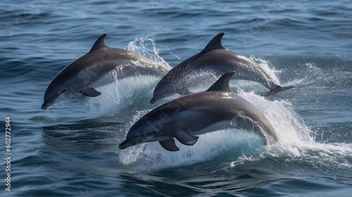 A playful group of dolphins gracefully leaping out of the water Generative AI © Наталья Евтехова