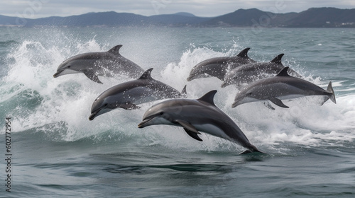 A playful group of dolphins gracefully leaping out of the water Generative AI © Наталья Евтехова