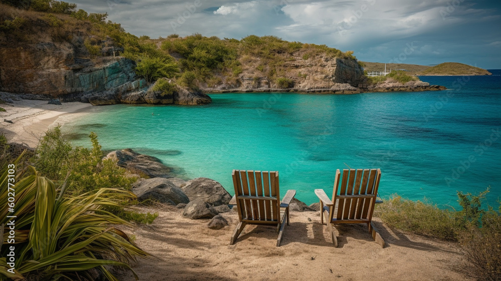 A pair of beach chairs overlooking a picturesque cove with turquoise water Generative AI A pair of beach chairs overlooking a picturesque cove with turquoise water Generative AI