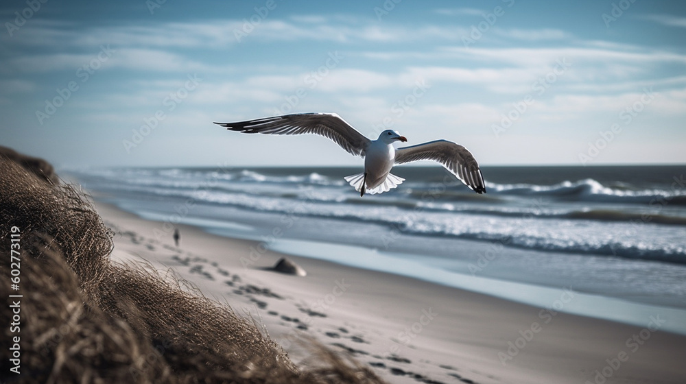 A seagull soaring through the sky with the beach as its backdrop Generative AI
