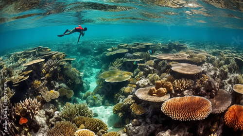 A snorkeler exploring a colorful coral reef teeming with marine life Generative AI