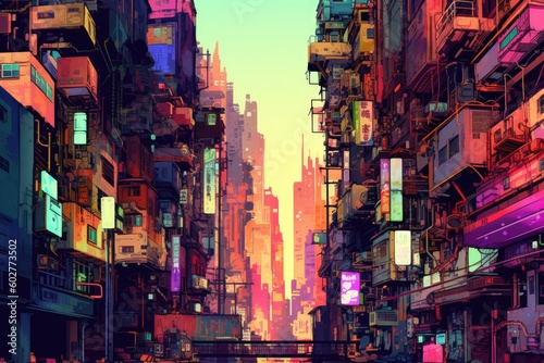 Pop art of a futuristic city. Digital art illustration. Generative AI