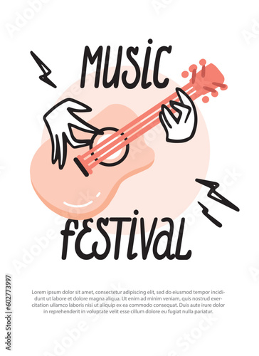 Music Festival. Playing the guitar, acoustic concert, live music. Poster, flyer, advertising, announcement. Vector simple cartoon style, Paty.