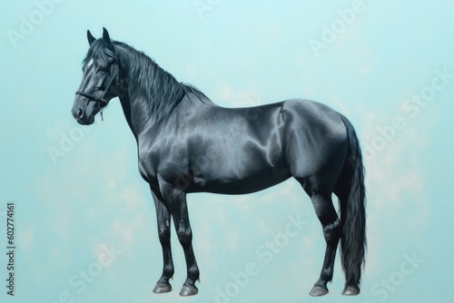Portrait black horse on pastel blue background. Generative AI