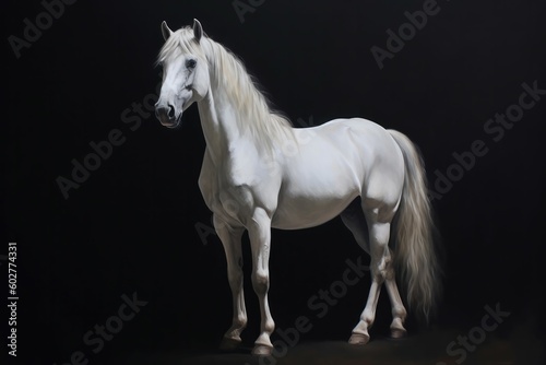Portrait white horse on dark background. Generative AI