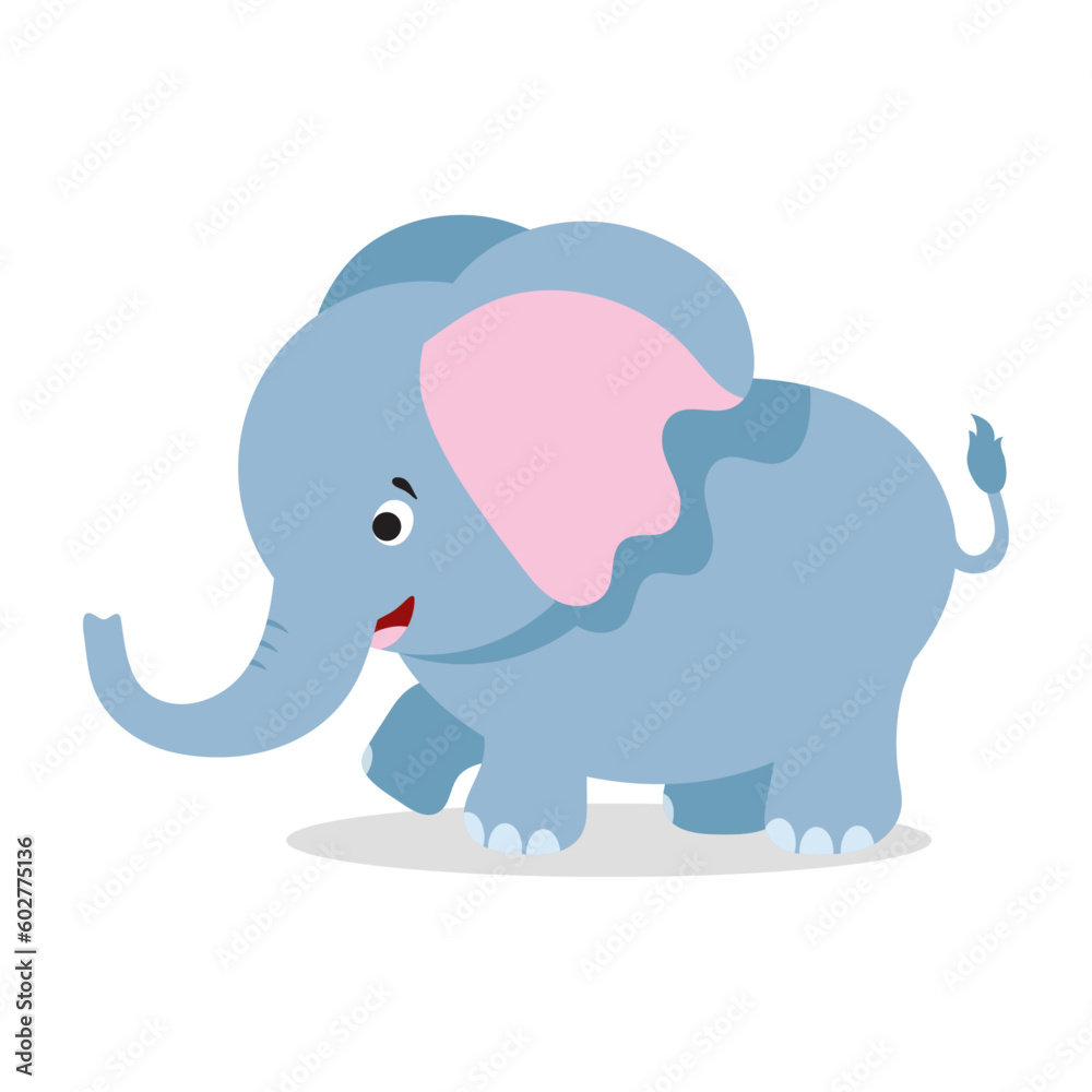 Funny blue elephant with long trunk and big ears. Cartoon wild animal. Zoo concept. Flat vector design for kids print, sticker or toy store logo Funny blue elephant with long trunk and big ears. Cartoon wild animal. Zoo concept. Flat vector design for kids print, sticker or toy store logo