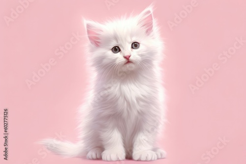 Portrait little kitten on pastel pink background. Generative AI