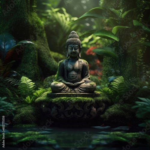 A green Zen environment has a Buddha statue.  Generative AI 