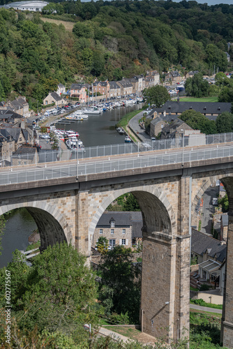 Panoramic view on Viaduc de Dinan across La Rance river and port of Dinan, Brittany, France