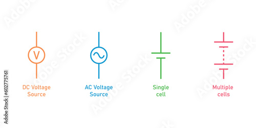 Direct current (DC) and alternating current (AC) voltage source. Single cell and multiple cell symbol. Vector illustration isolated on white background.