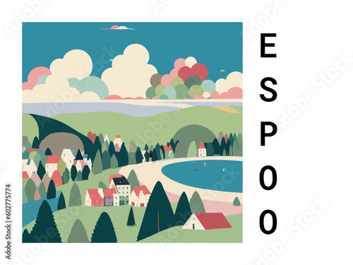 Espoo: Vintage travel poster with an Finnish landscape and the title Espoo