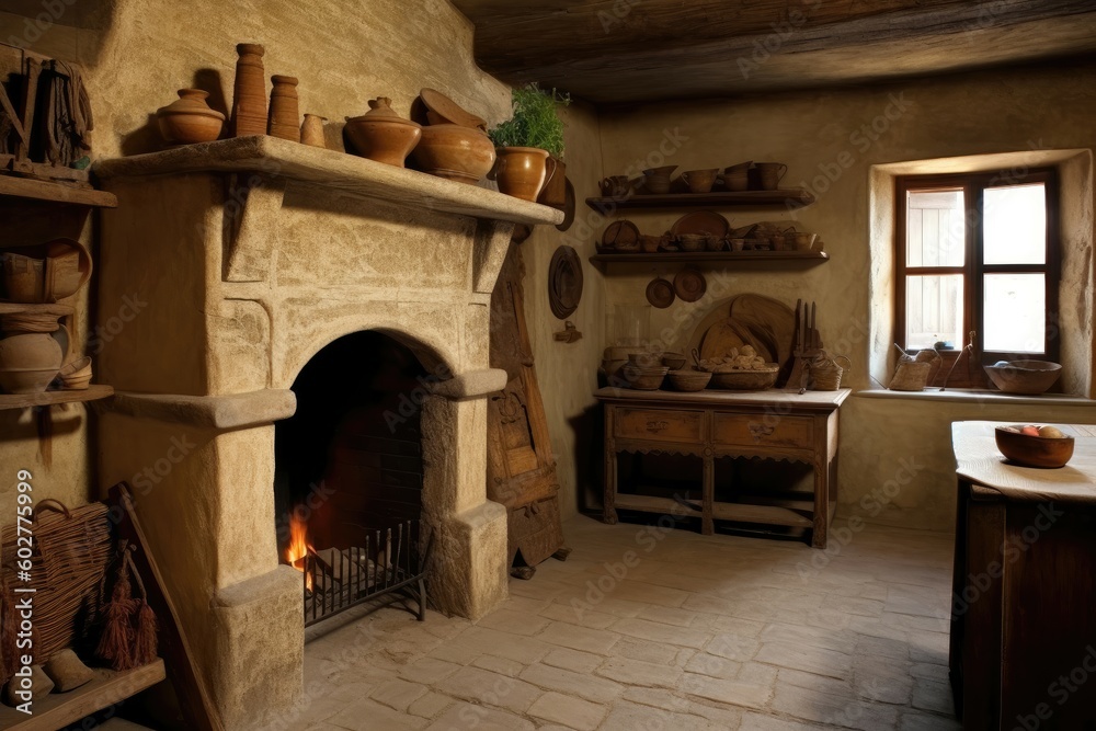 Ancient Roman kitchen with a large fireplace. Generative AI Ancient Roman kitchen with a large fireplace. Generative AI