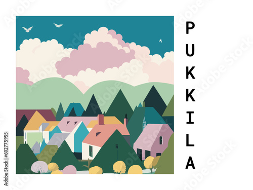 Pukkila: Vintage travel poster with an Finnish landscape and the title Pukkila