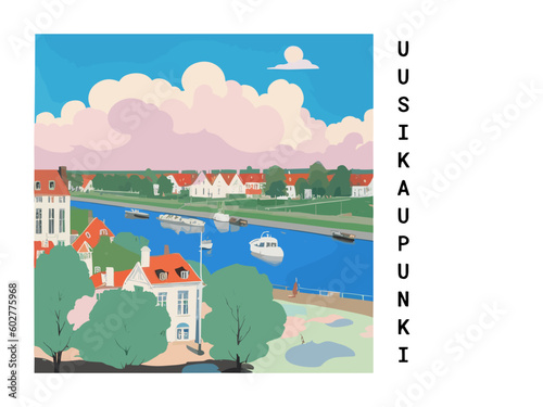 Uusikaupunki: Vintage travel poster with an Finnish landscape and the title Uusikaupunki