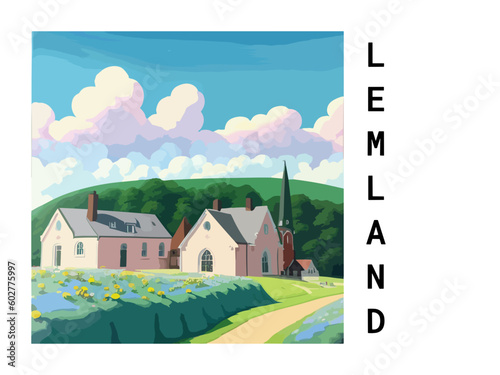 Lemland: Vintage travel poster with an Finnish landscape and the title Lemland