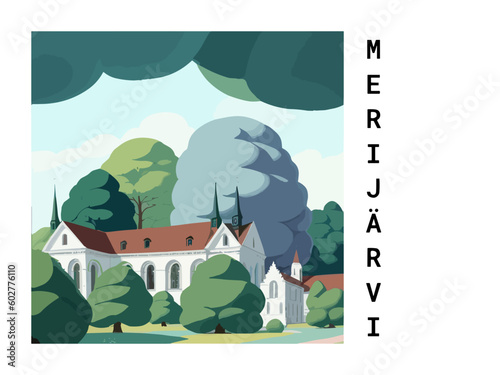 Merijärvi: Vintage travel poster with an Finnish landscape and the title Merijärvi