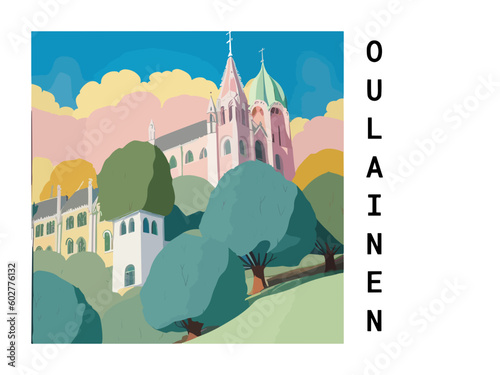 Oulainen: Vintage travel poster with an Finnish landscape and the title Oulainen