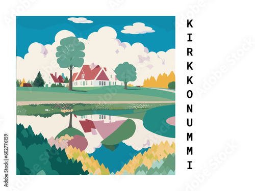 Kirkkonummi: Vintage travel poster with an Finnish landscape and the title Kirkkonummi
