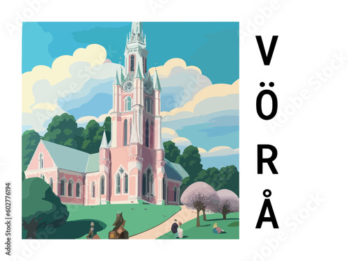 Vörå: Vintage travel poster with an Finnish landscape and the title Vörå