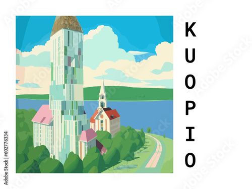 Kuopio: Vintage travel poster with an Finnish landscape and the title Kuopio