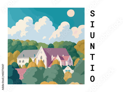 Siuntio: Vintage travel poster with an Finnish landscape and the title Siuntio