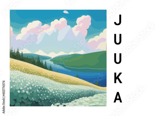 Juuka: Vintage travel poster with an Finnish landscape and the title Juuka