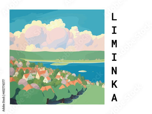 Liminka: Vintage travel poster with an Finnish landscape and the title Liminka