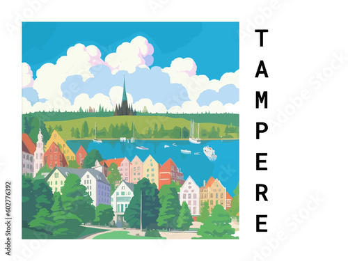 Tampere: Vintage travel poster with an Finnish landscape and the title Tampere