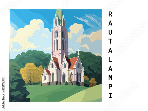 Rautalampi: Vintage travel poster with an Finnish landscape and the title Rautalampi