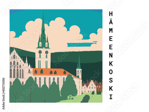 Hämeenkoski: Vintage travel poster with an Finnish landscape and the title Hämeenkoski