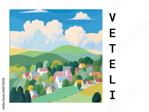 Veteli: Vintage travel poster with an Finnish landscape and the title Veteli