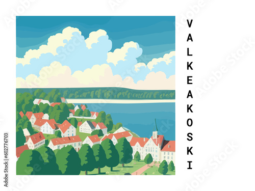 Valkeakoski: Vintage travel poster with an Finnish landscape and the title Valkeakoski photo